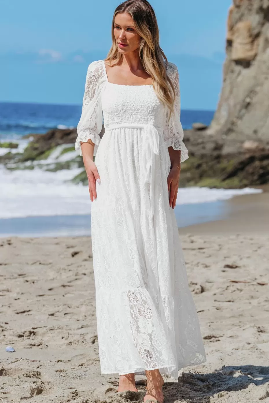 Clearance Cupshe Lace Square Neck Poets Sleeve Maxi Dress White