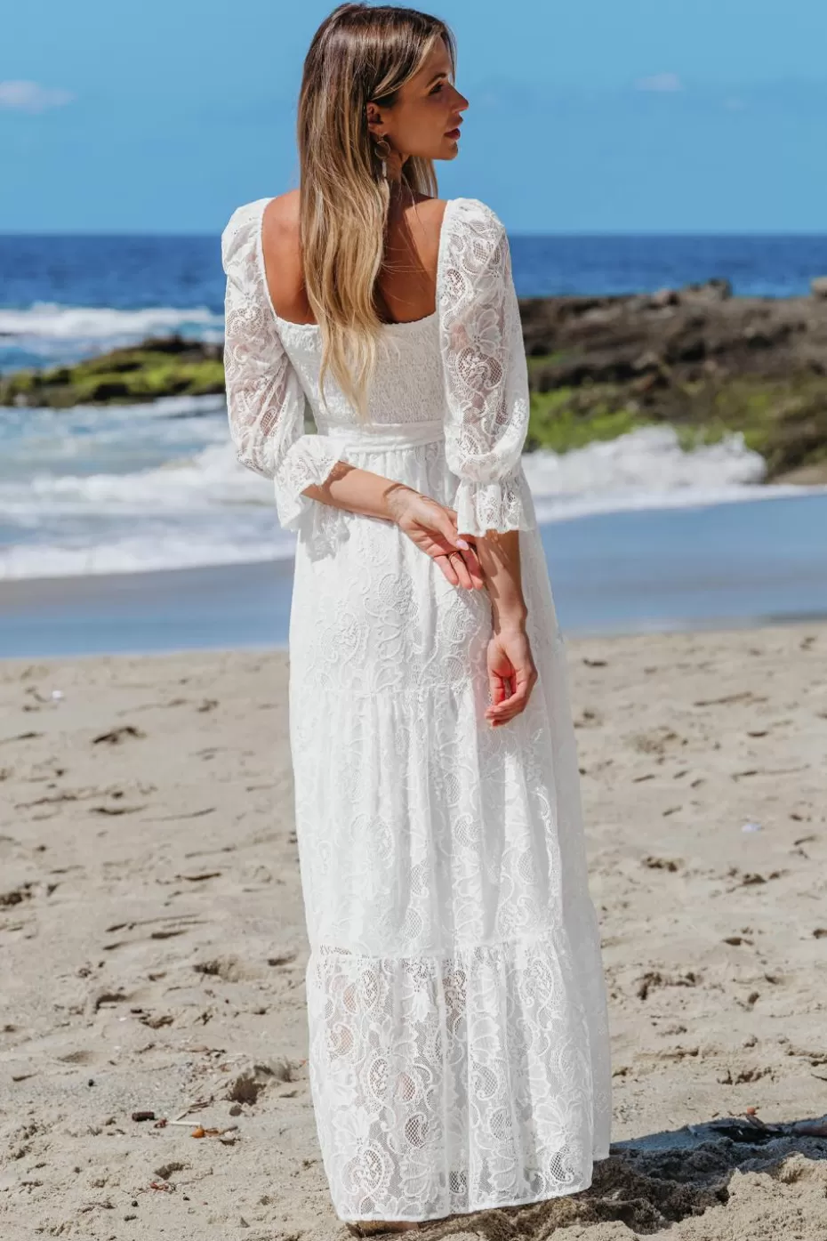 Clearance Cupshe Lace Square Neck Poets Sleeve Maxi Dress White