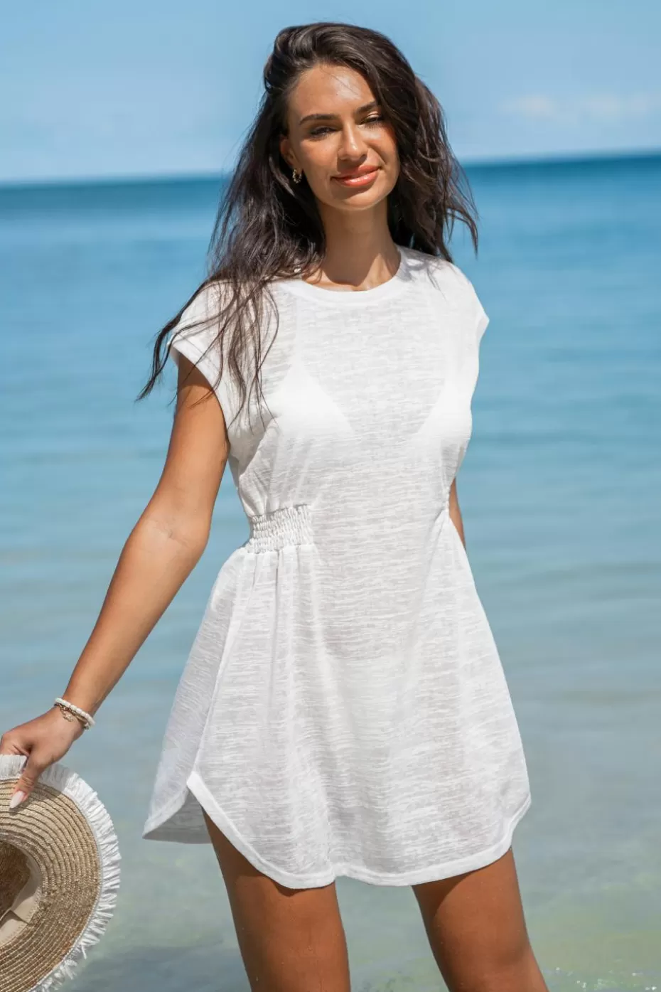 Outlet Cupshe Round Neck Smocked Waist Cover-Up Dress White