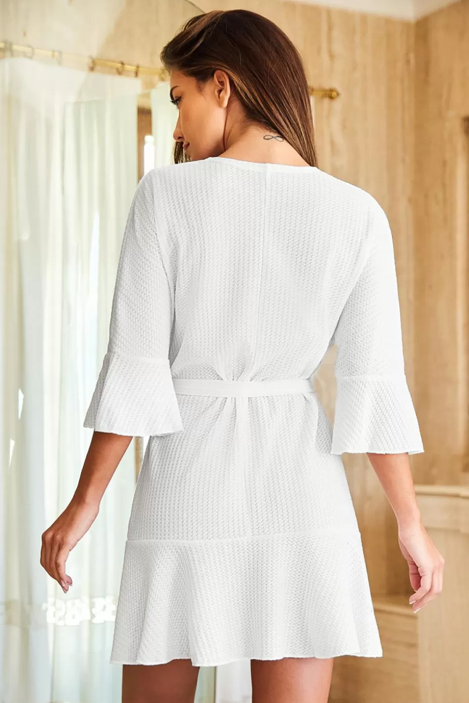 Sale Cupshe Waffle Knit Open Front Robe White