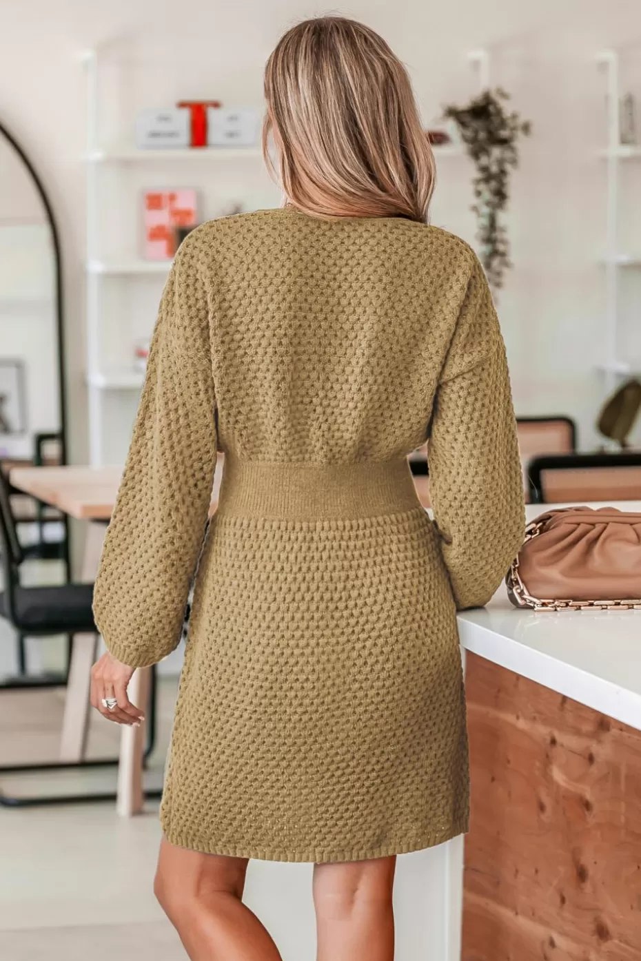 Flash Sale Cupshe Wrap Honeycomb Knit Sweater Dress Khaki