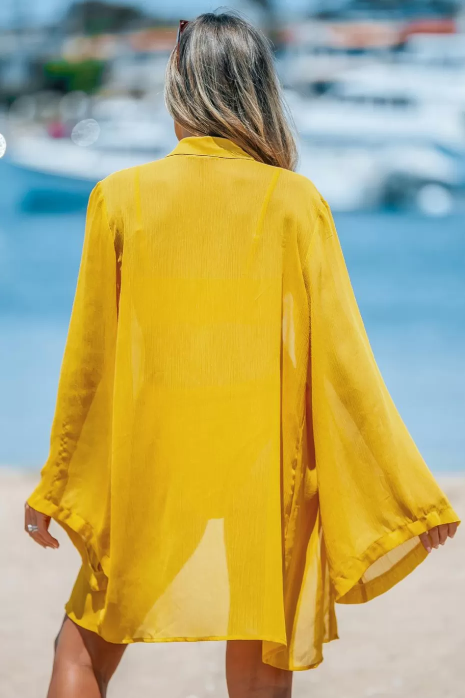 Clearance Cupshe Chiffon Open Front Flared Sleeve Cover-Up Yellow