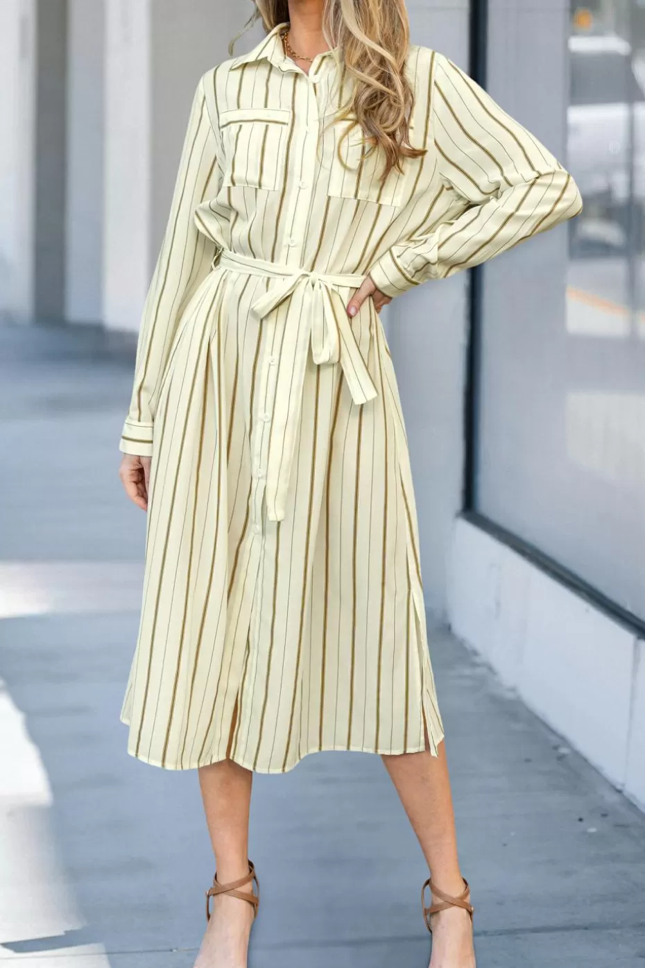 Cheap Cupshe Striped Collared Long Sleeve Midi Dress Yellow