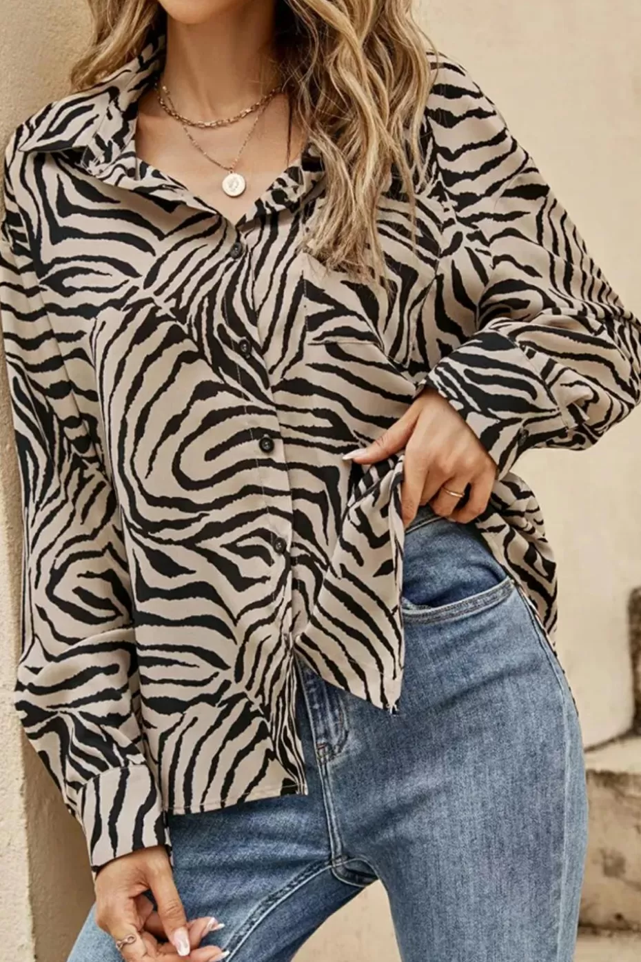 Shop Cupshe Zebra Print Collared Blouse Beige