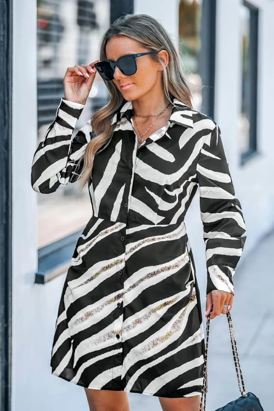 Flash Sale Cupshe Zebra Print Collared Button Up Mini Dress Black