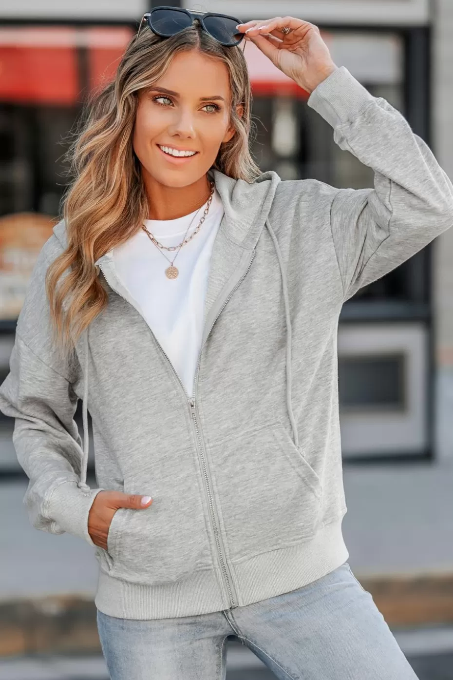 Online Cupshe Zip-Up Drawstring Hoodie Light Grey