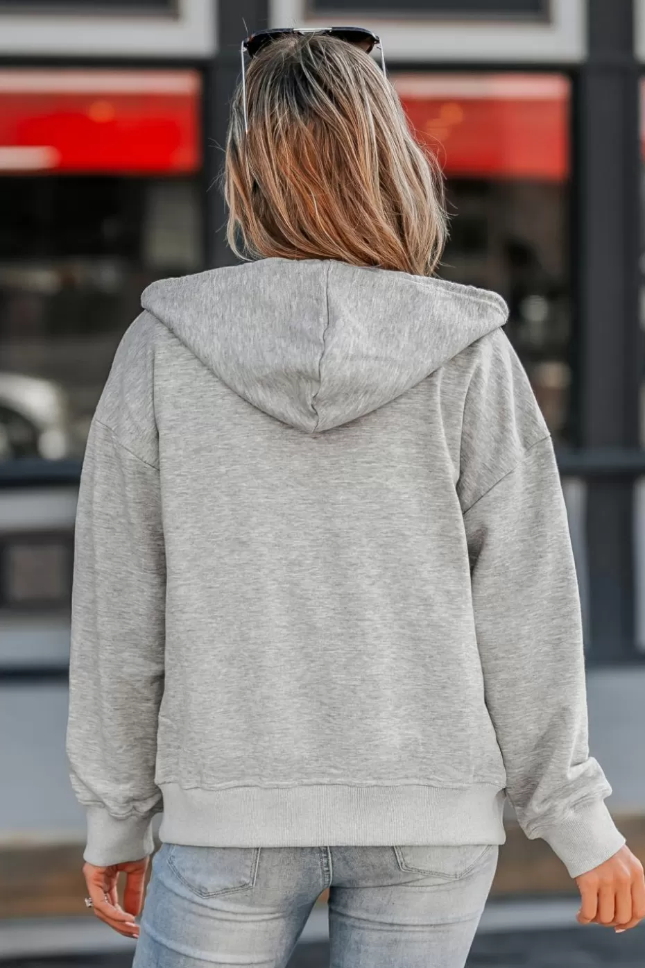 Online Cupshe Zip-Up Drawstring Hoodie Light Grey